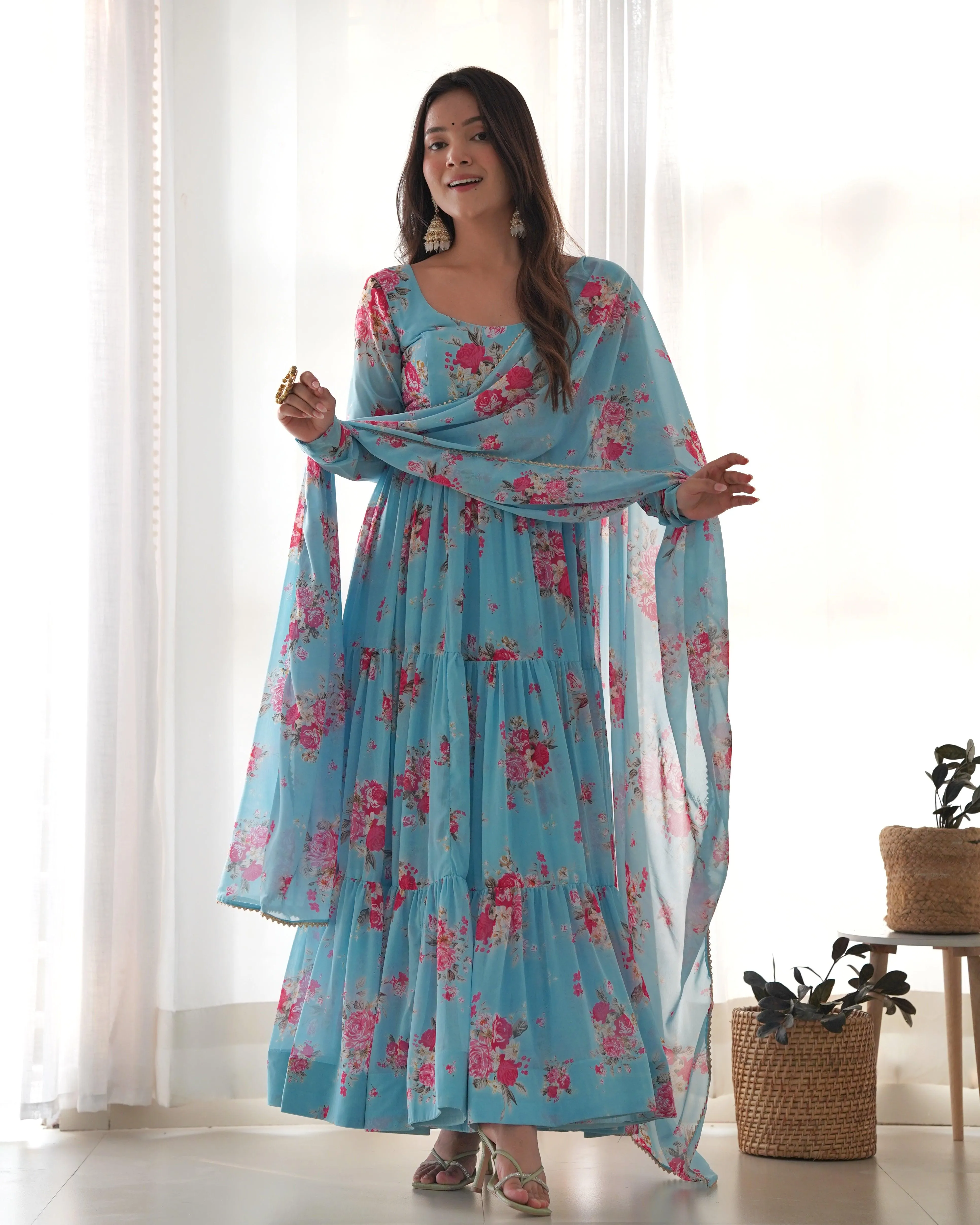 Sky Blue Printed Floral Gown