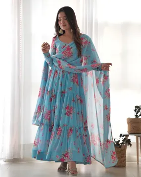 Sky Blue Printed Floral Gown