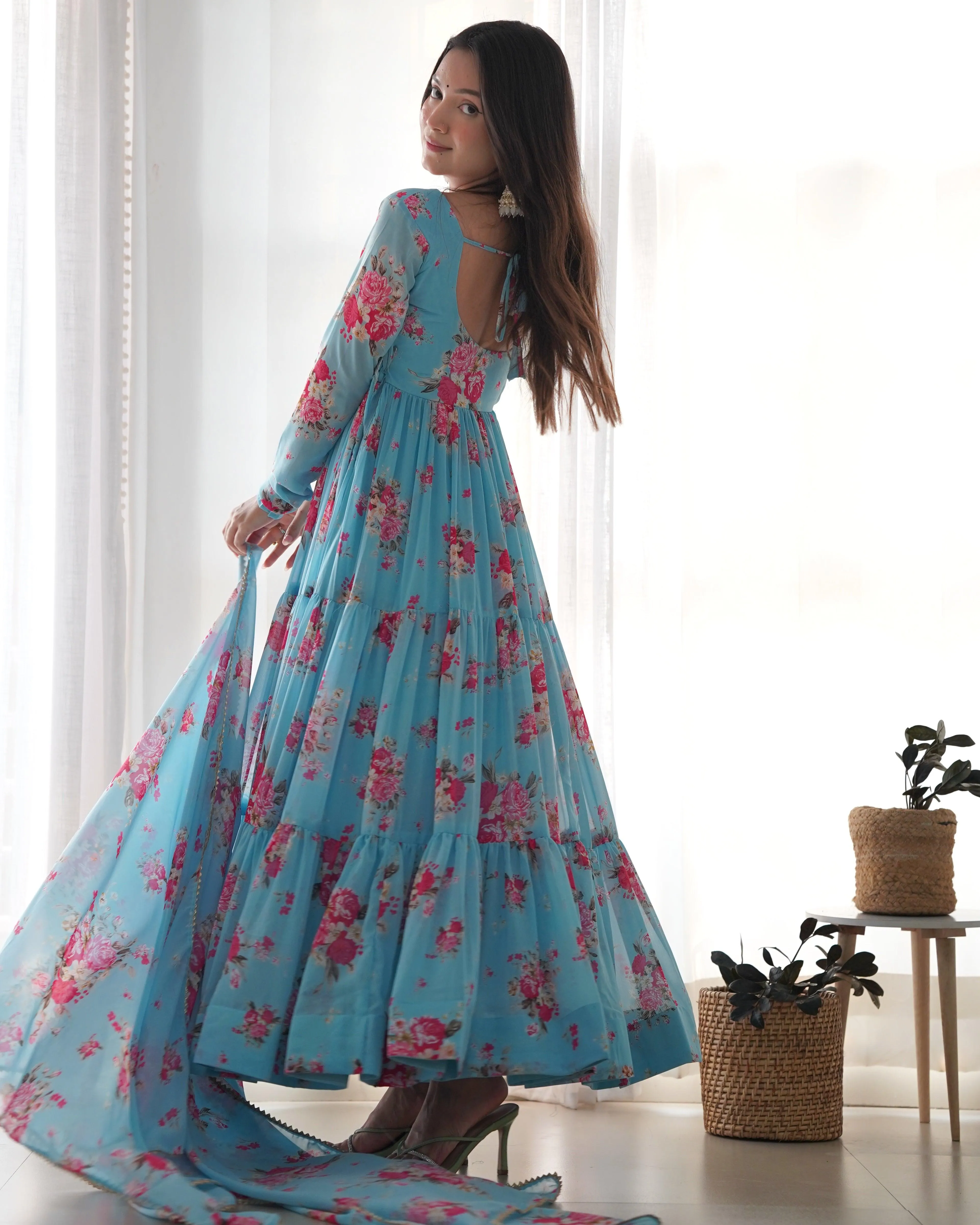 Sky Blue Printed Floral Gown