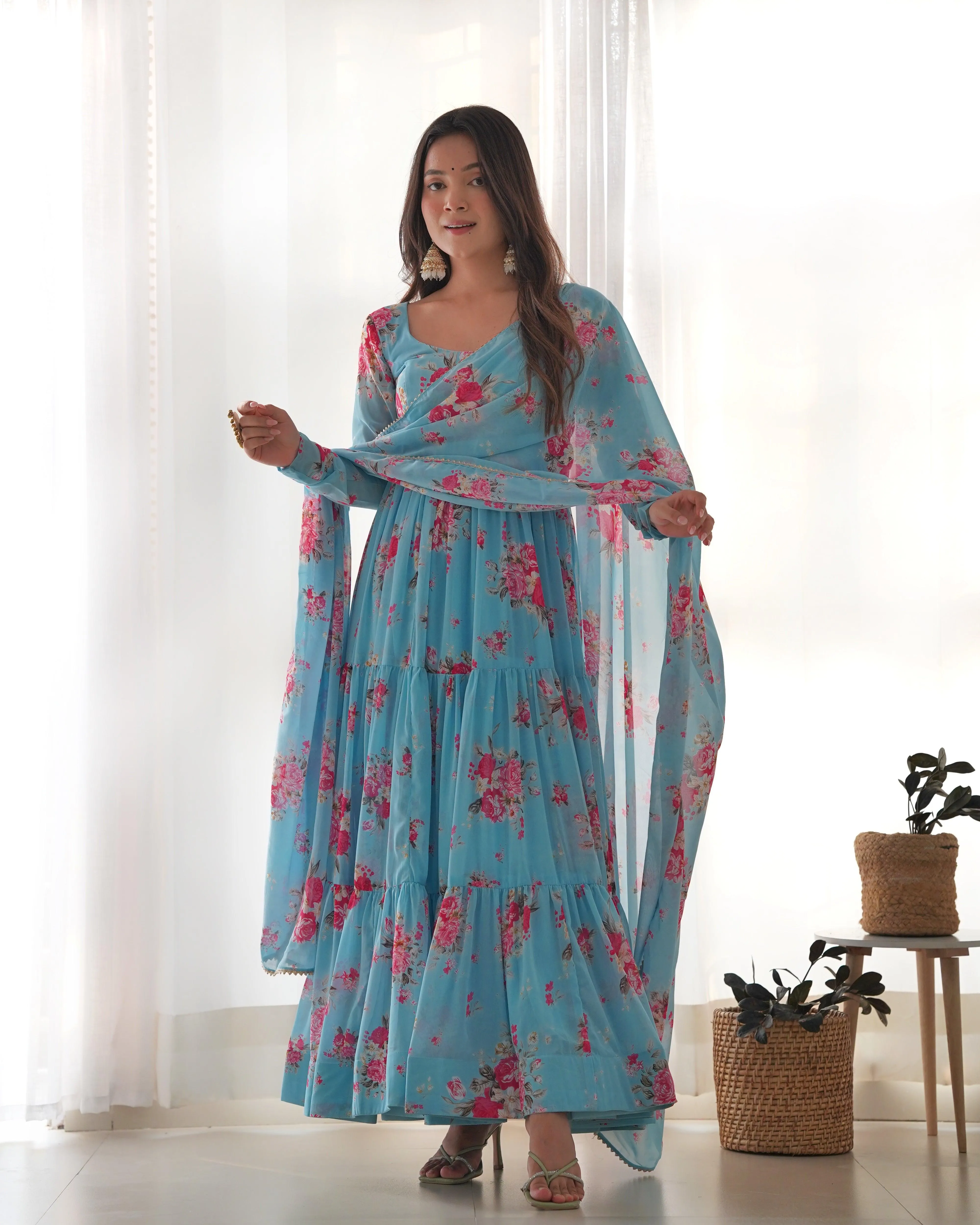 Sky Blue Printed Floral Gown