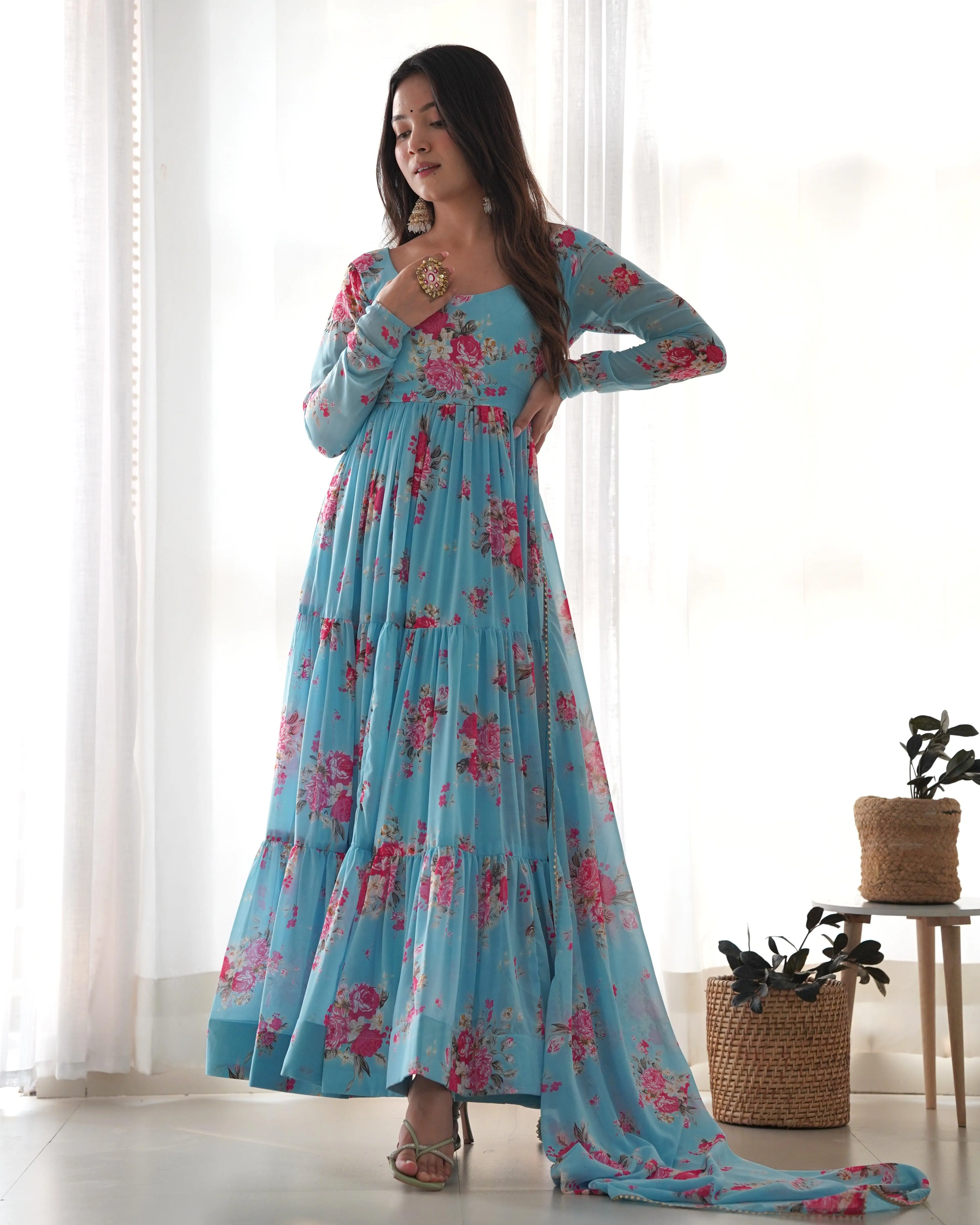 Sky Blue Printed Floral Gown