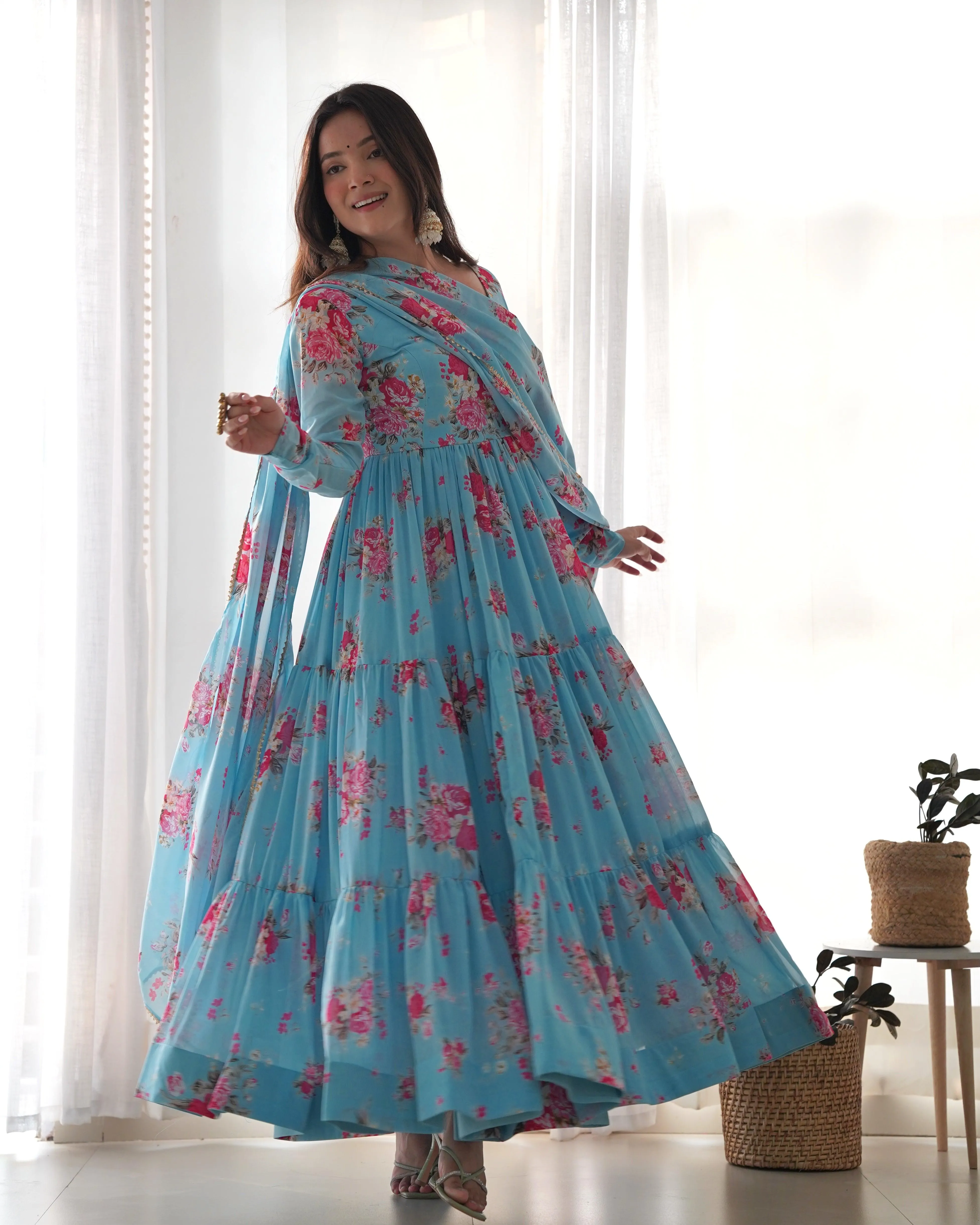 Sky Blue Printed Floral Gown