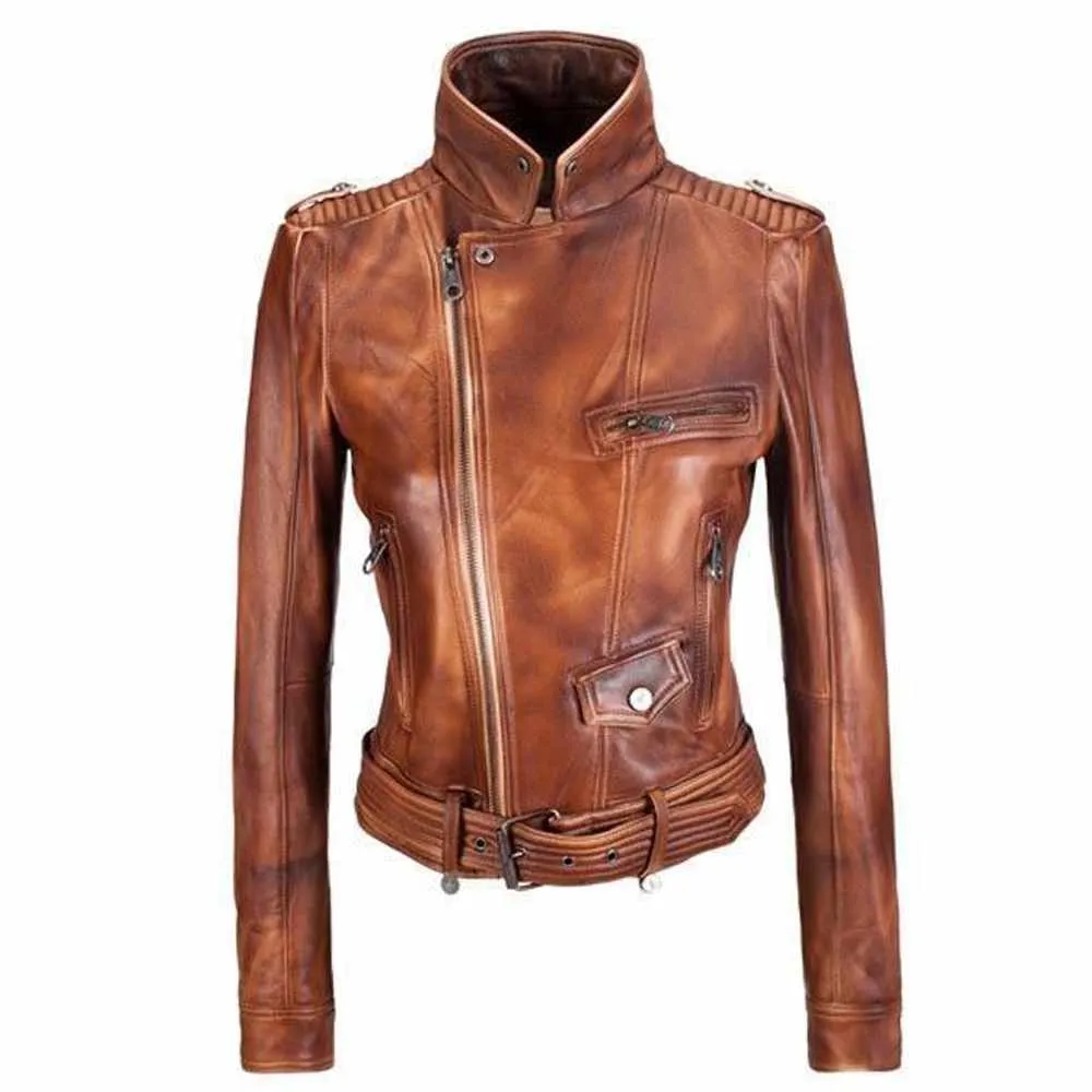 Slim Fit Brown Waxed Leather Jacket