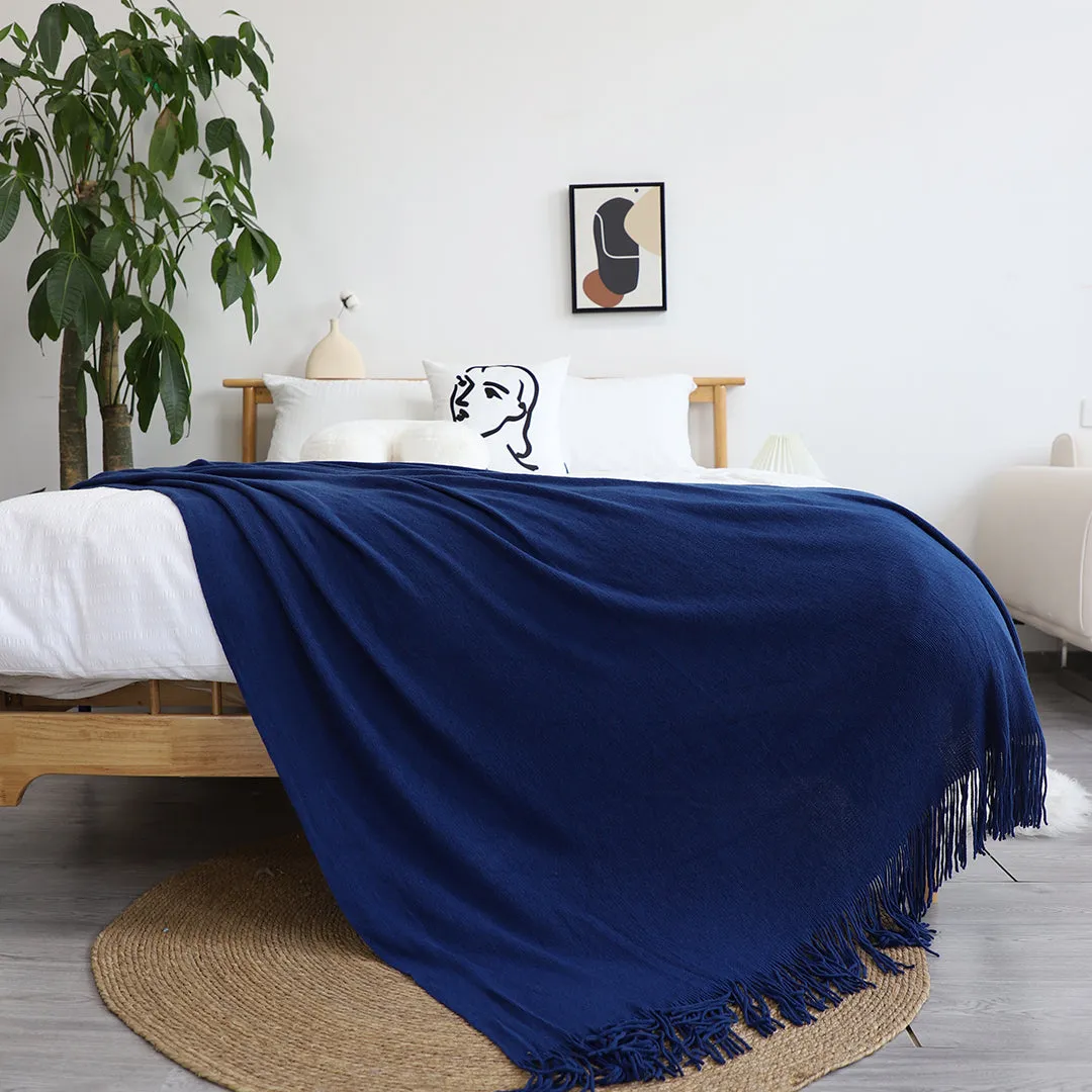 SOGA Royal Blue Acrylic Knitted Throw Blanket Solid Fringed Warm Cozy Woven Cover Couch Bed Sofa Home Decor