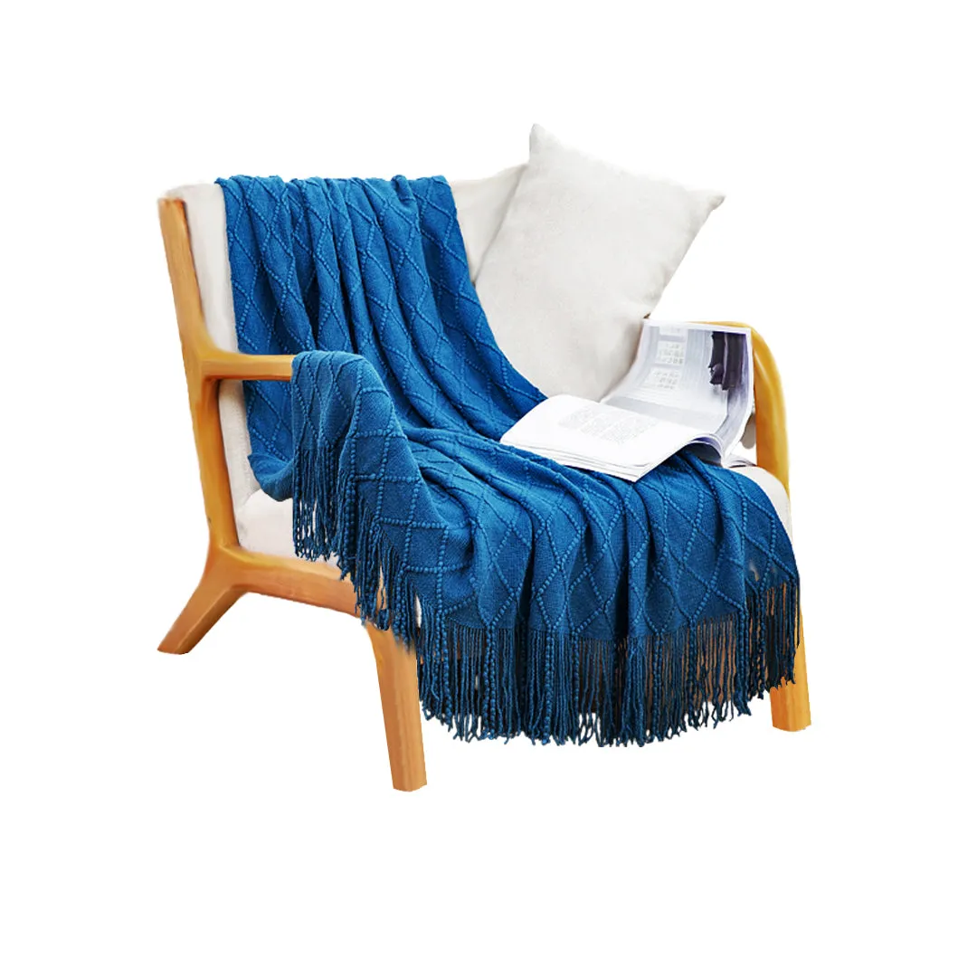 SOGA Royal Blue Diamond Pattern Knitted Throw Blanket Warm Cozy Woven Cover Couch Bed Sofa Home Decor with Tassels