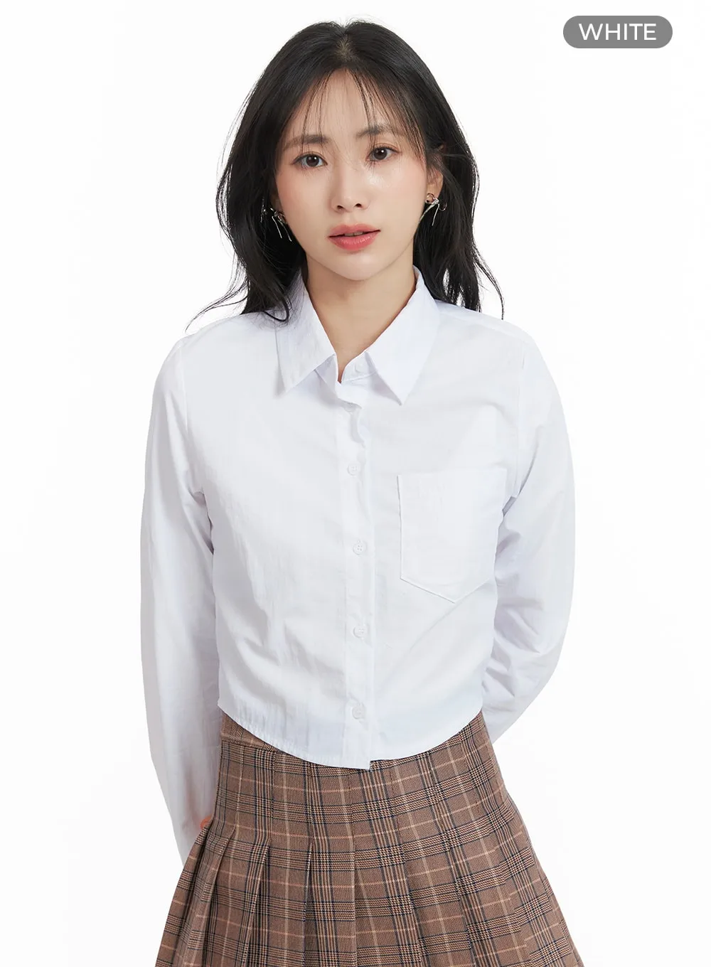 Solid Collar Button-Up Crop Top OM408