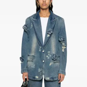 Solid Patchwork Appliques Casual Denim Coat For Women Notched Collar Long Sleeve Spliced Button Minimalist Jacket Female