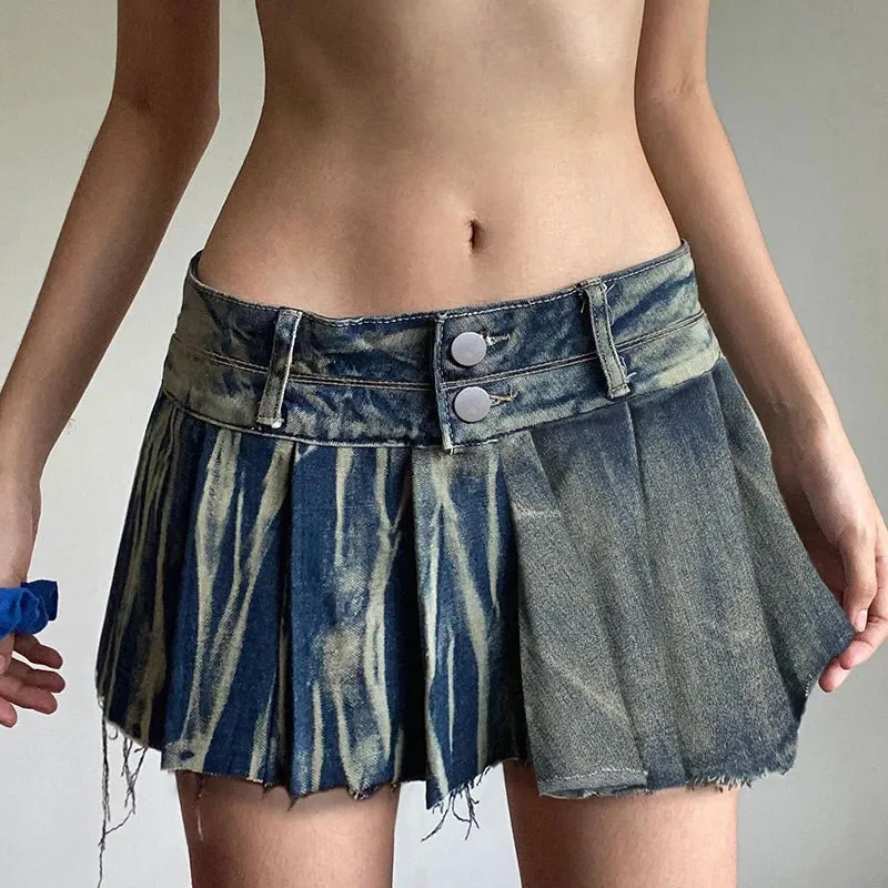 Streetwear Gradient Low Rise Denim Skirt Women Burr Y2K Distressed Vintage Pleated Skirt Mini Hottie Clubwear Bottoms