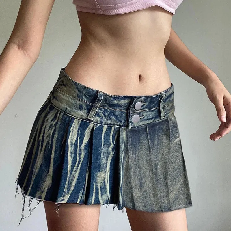 Streetwear Gradient Low Rise Denim Skirt Women Burr Y2K Distressed Vintage Pleated Skirt Mini Hottie Clubwear Bottoms