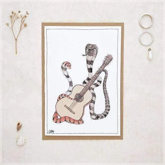 The Cobras & Their Classical Guitar ~ Greeting Card from Original Ink and Watercolour Painting by Stephanie Gray