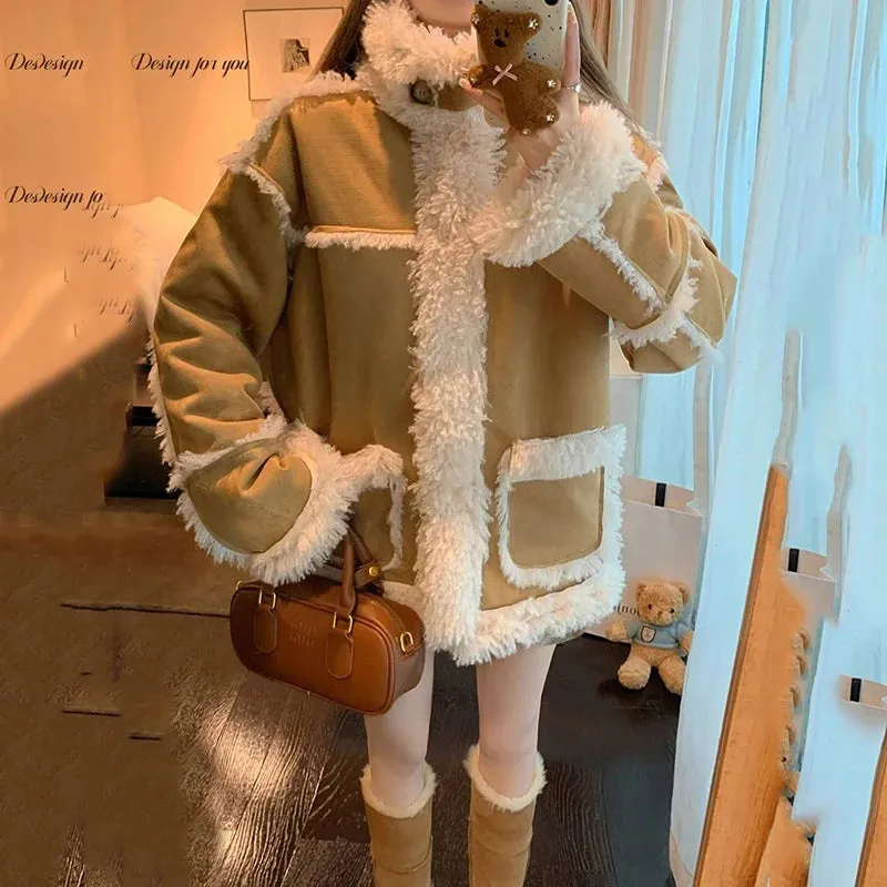 Toleet-Winter Outfits Christmas Black Friday Autumn Winter Spliced Suede Lamb Jacket Thickened Fur and Integrated Coat Loose Velvet Women's Cashmere Sheepskin Women's Coat