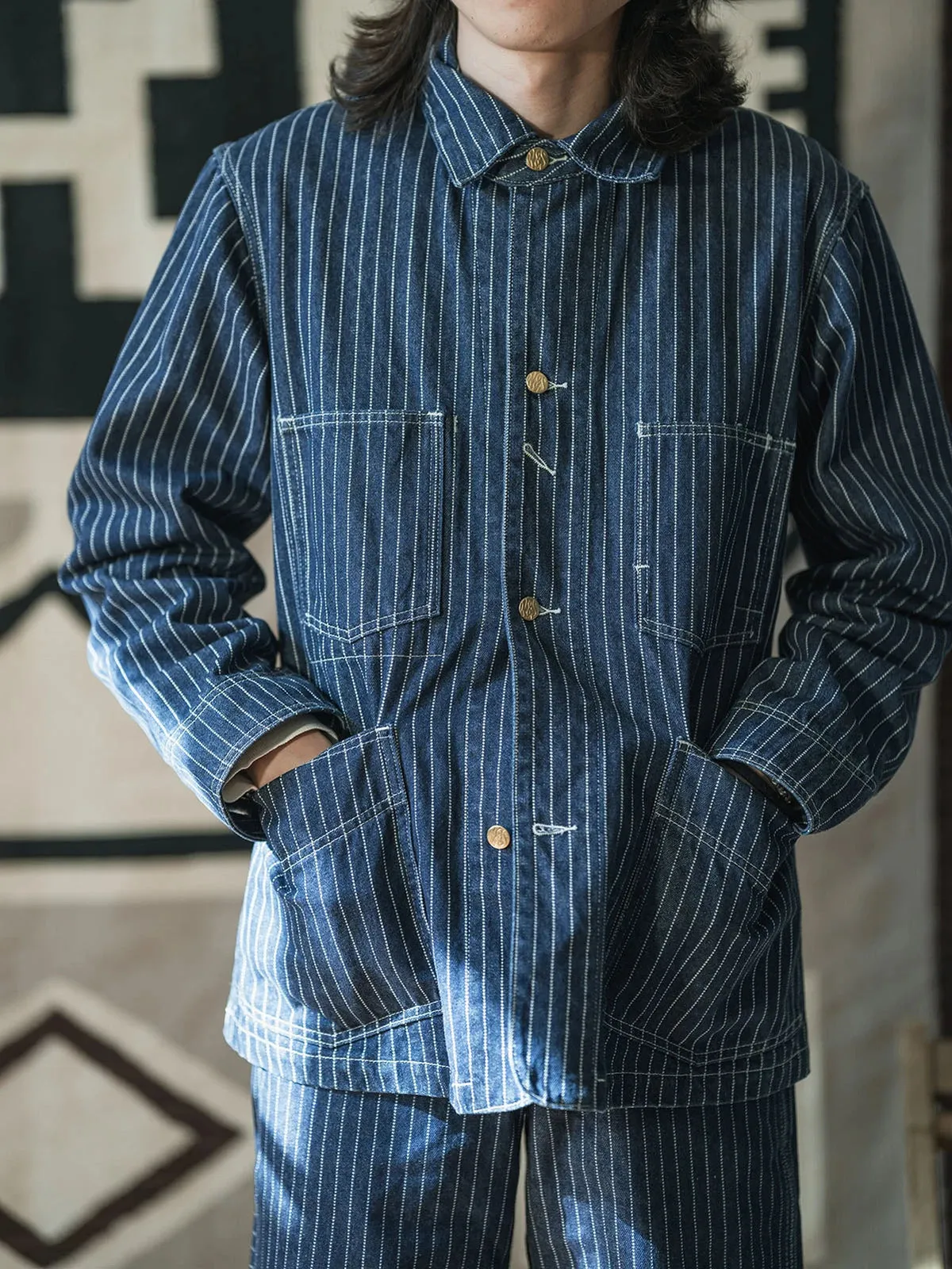 Vintage Mens Railroad Stripe Denim Coat - Blue