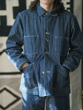 Vintage Mens Railroad Stripe Denim Coat - Blue