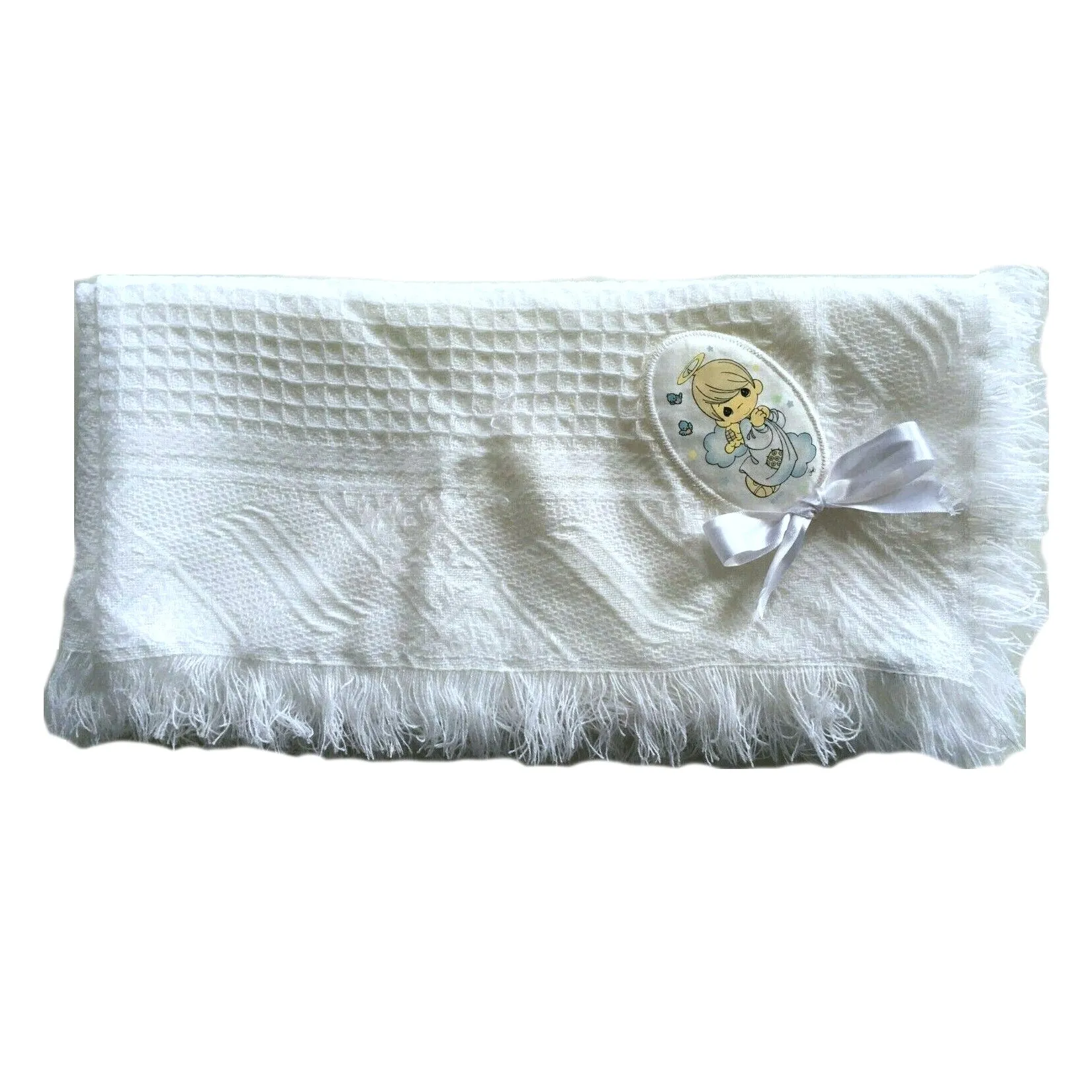 Vintage New Precious Moments White Baby Blanket with Angel Applique Boxed Gift Shawl Afghan Crib Throw Nap-Time Gift Set 2002