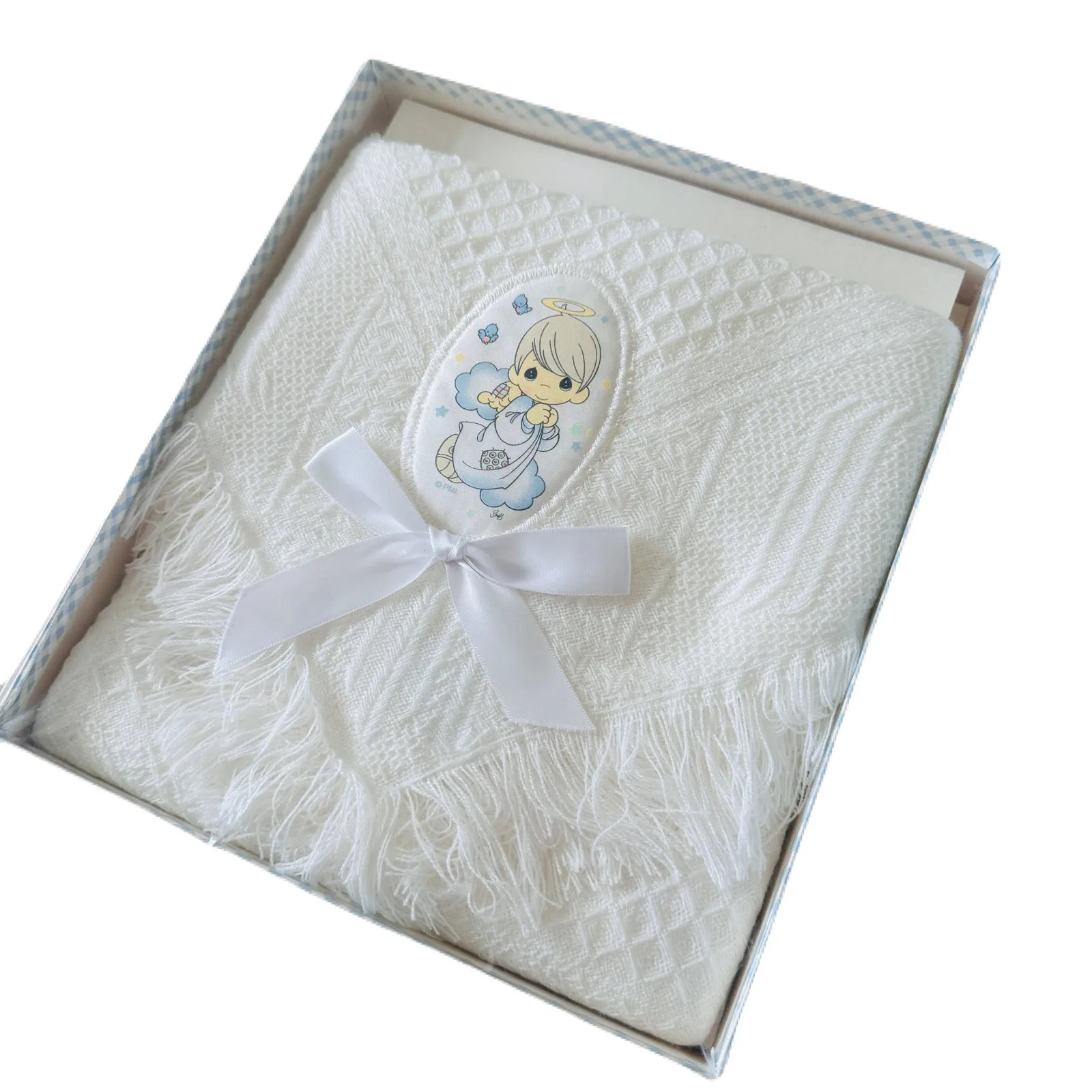 Vintage New Precious Moments White Baby Blanket with Angel Applique Boxed Gift Shawl Afghan Crib Throw Nap-Time Gift Set 2002