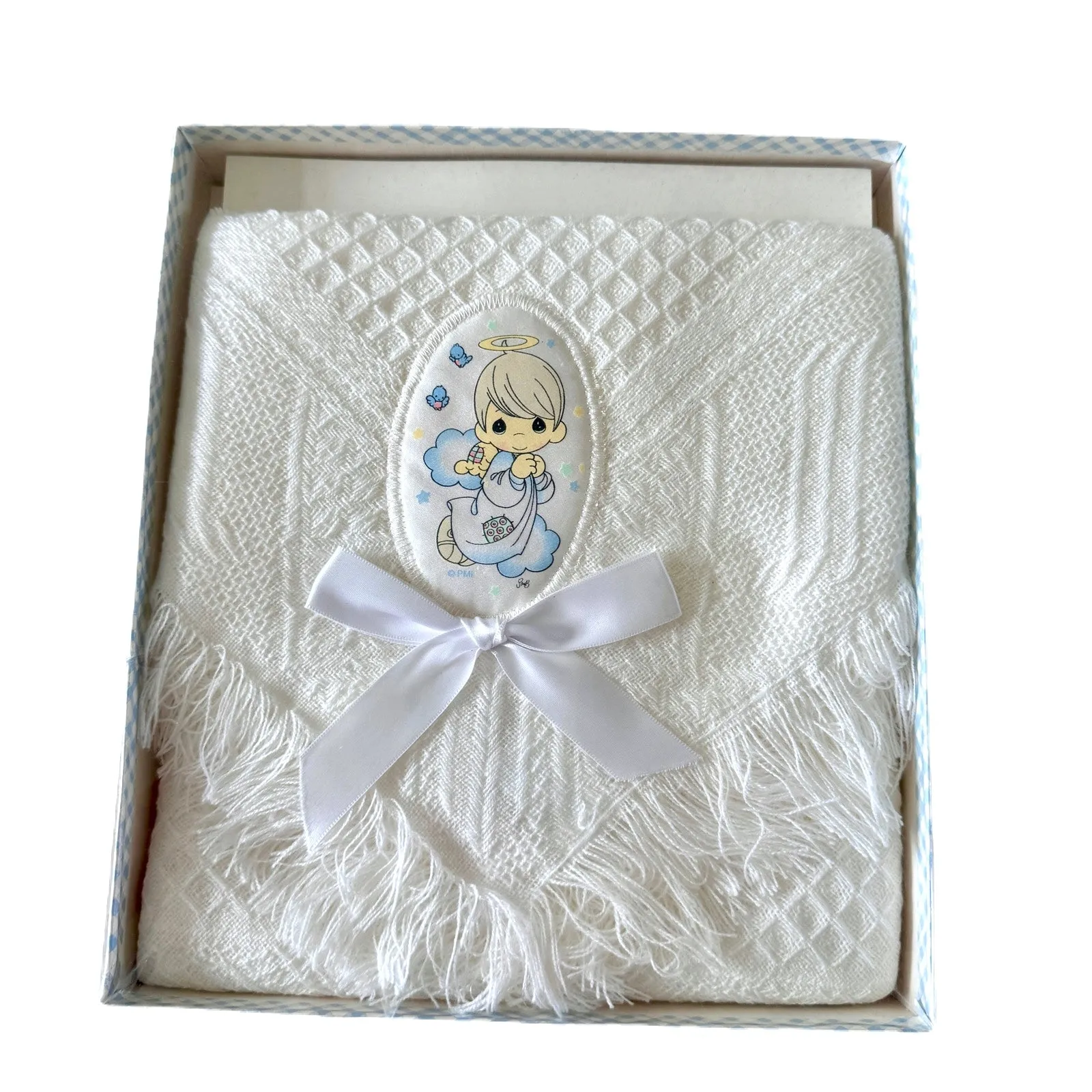 Vintage New Precious Moments White Baby Blanket with Angel Applique Boxed Gift Shawl Afghan Crib Throw Nap-Time Gift Set 2002