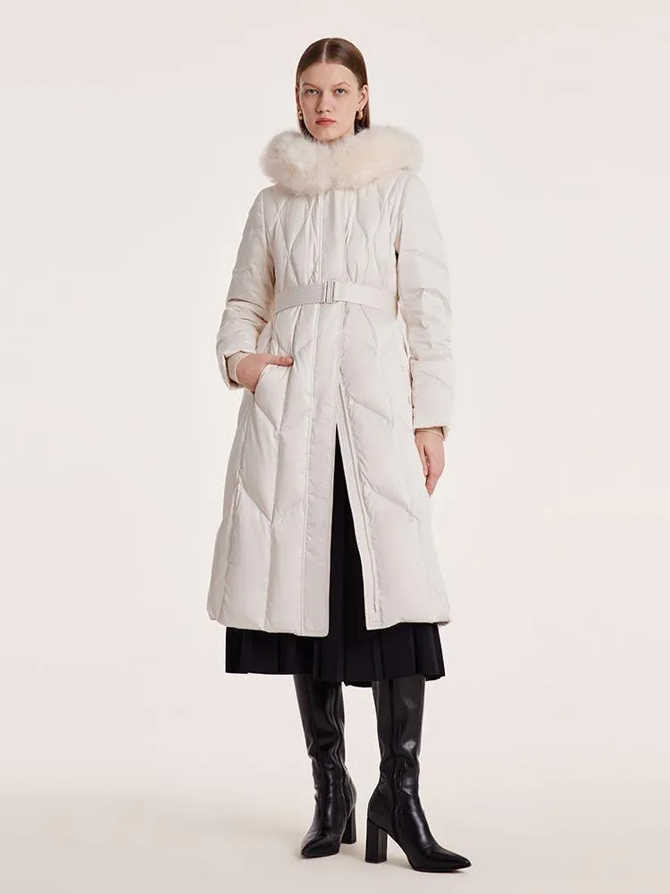 White Gathered Waist Long Goose Down Garment With Faux-Fur Collar