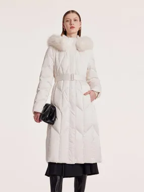 White Gathered Waist Long Goose Down Garment With Faux-Fur Collar