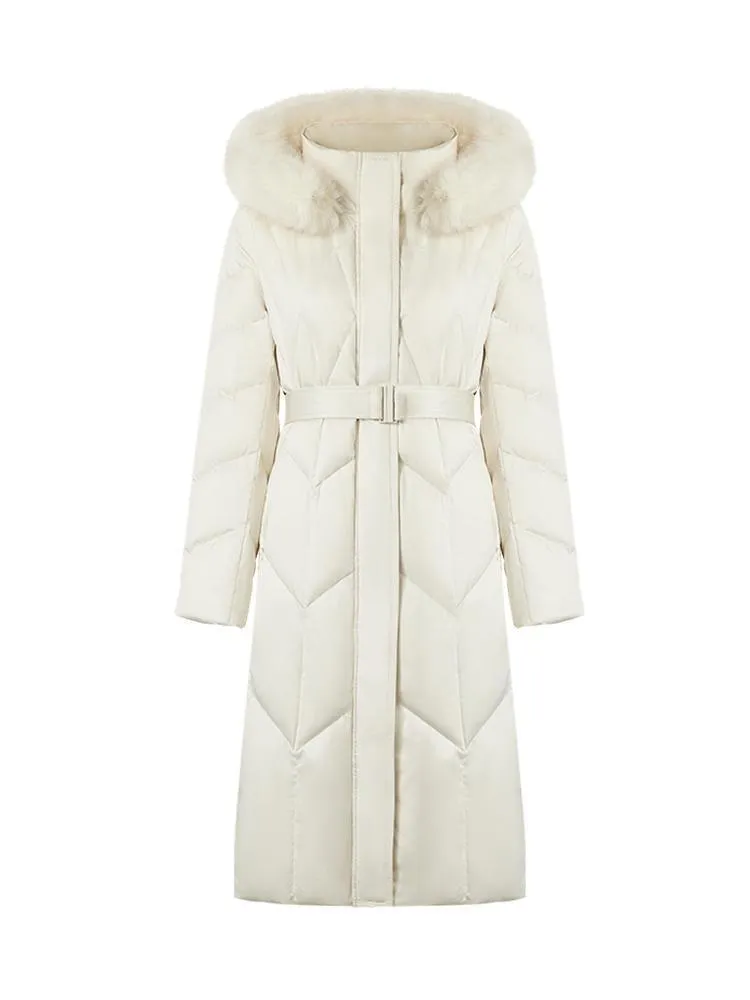 White Gathered Waist Long Goose Down Garment With Faux-Fur Collar