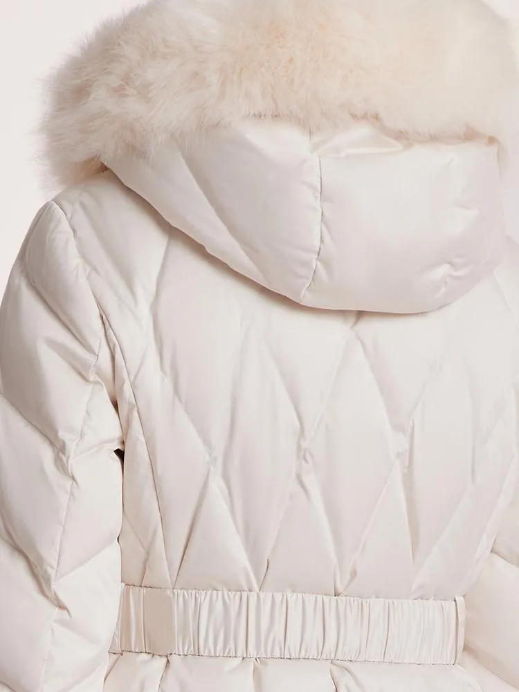 White Gathered Waist Long Goose Down Garment With Faux-Fur Collar