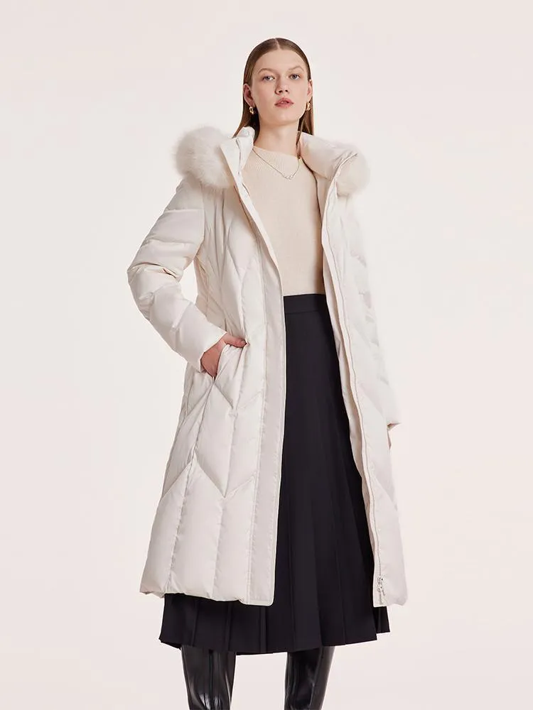 White Gathered Waist Long Goose Down Garment With Faux-Fur Collar