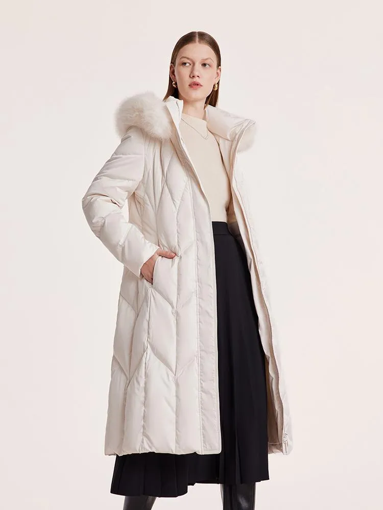 White Gathered Waist Long Goose Down Garment With Faux-Fur Collar