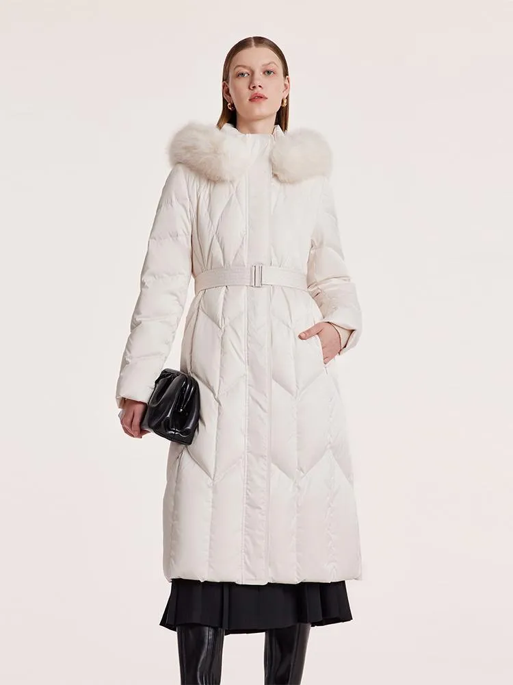 White Gathered Waist Long Goose Down Garment With Faux-Fur Collar