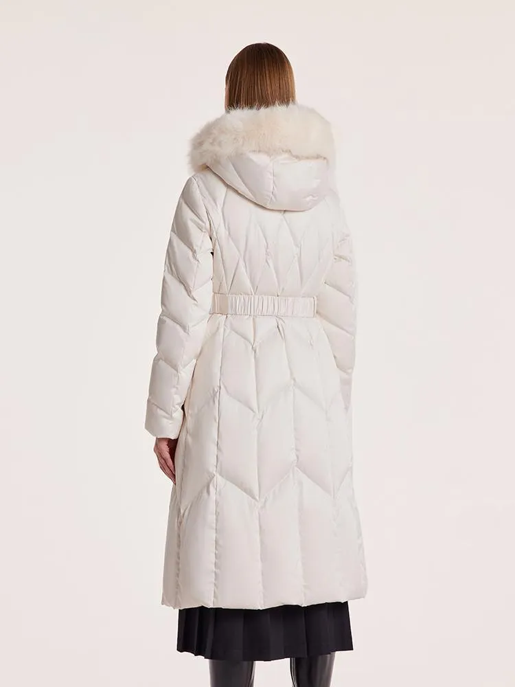 White Gathered Waist Long Goose Down Garment With Faux-Fur Collar