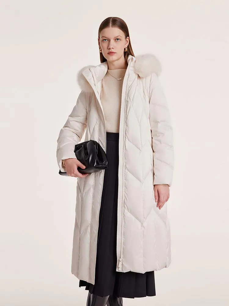 White Gathered Waist Long Goose Down Garment With Faux-Fur Collar