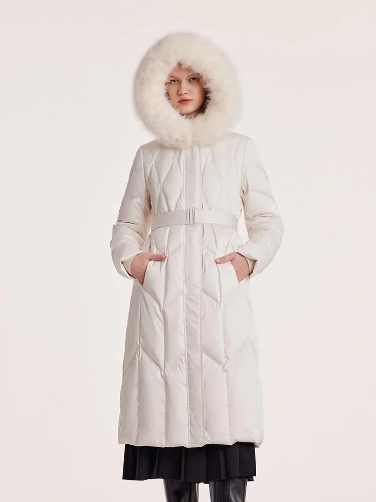 White Gathered Waist Long Goose Down Garment With Faux-Fur Collar