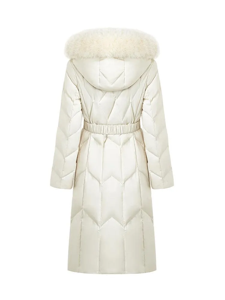 White Gathered Waist Long Goose Down Garment With Faux-Fur Collar