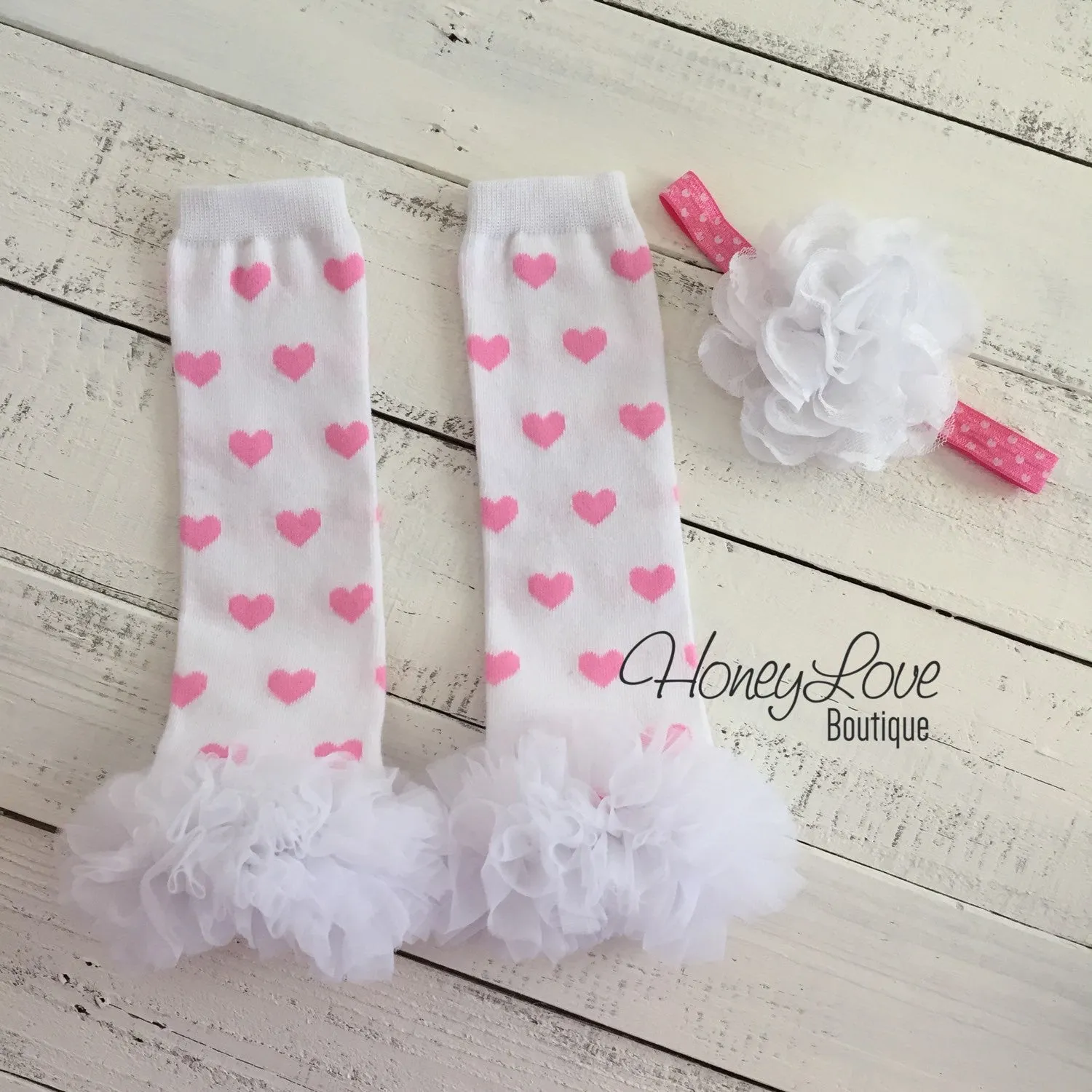 White/Light Pink Heart leg warmers and flower headband