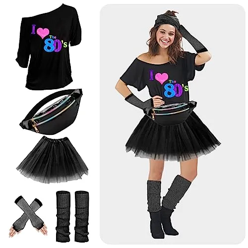 WILDPARTY 80s Costume Accessories for Women, T-Shirt Tutu Fanny Pack Headband Earring Necklace Fishnet Gloves Legwarmers 80s Party Halloween outfit for Women 24PCS (Black 3XL)