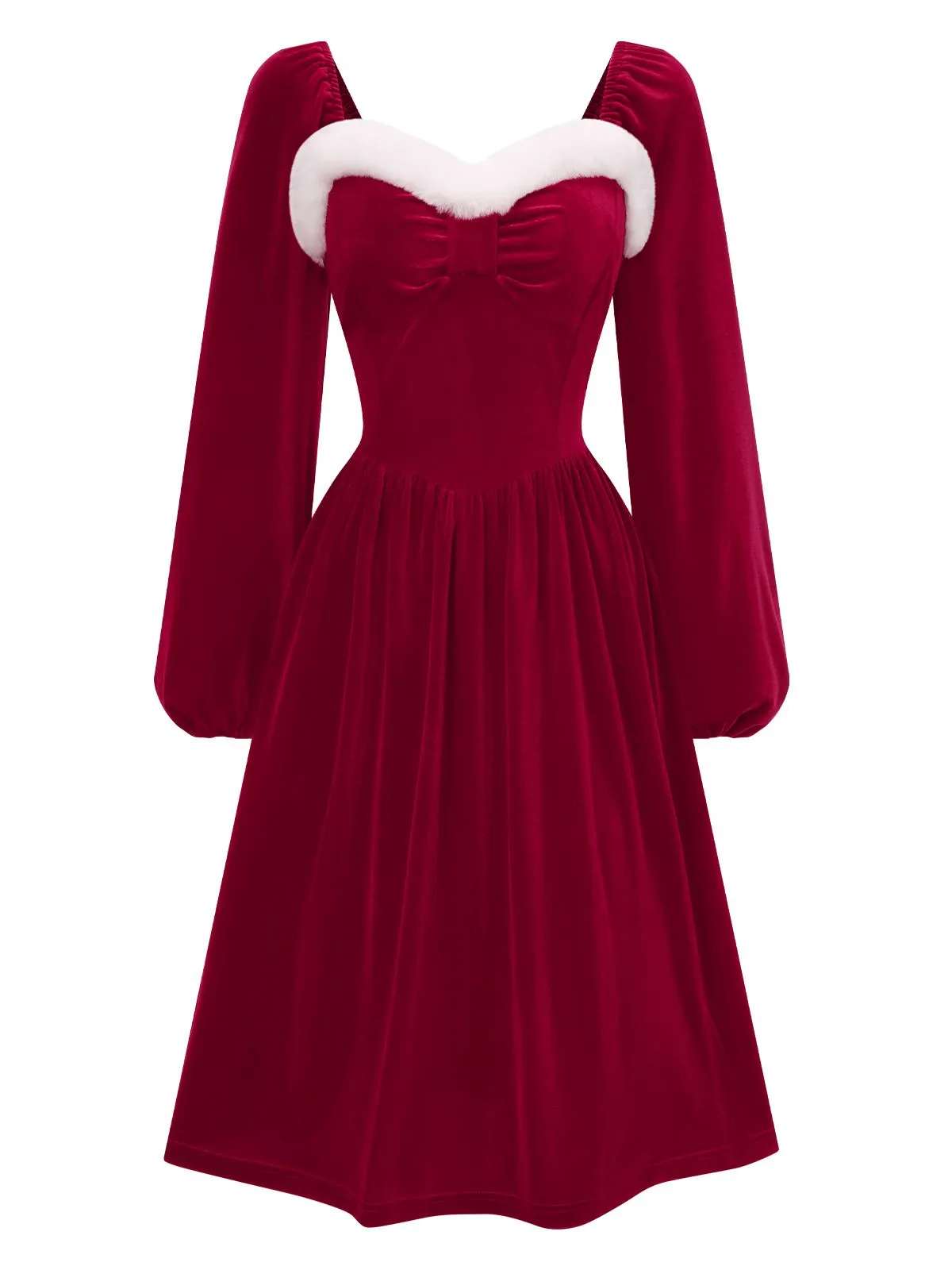 Wine Red 1940s Christmas Fur Collar Solid Dress