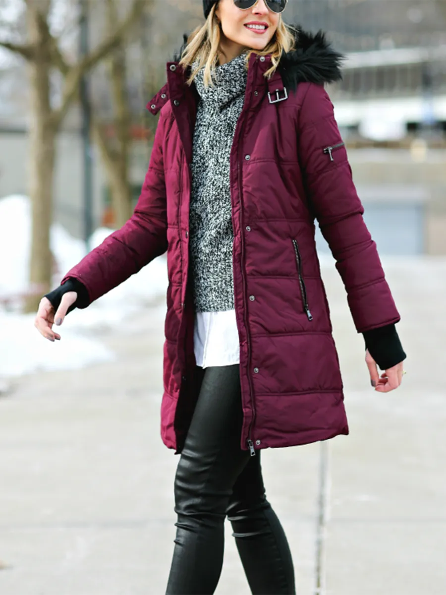 Winter Long Zipper Hooded Warm Jacket with Fur Collar