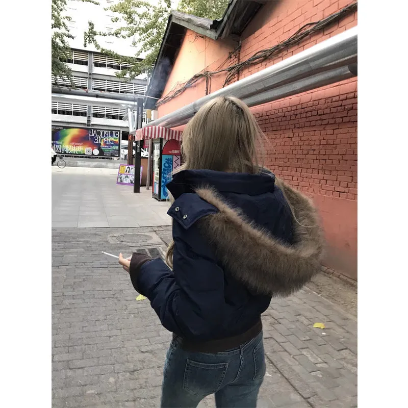 Wjczt outfit ideas winter 90 White Duck down Navy Blue Hooded Fur Collar Thickened Coat for Women 2024 Winter Small Short down Jacket