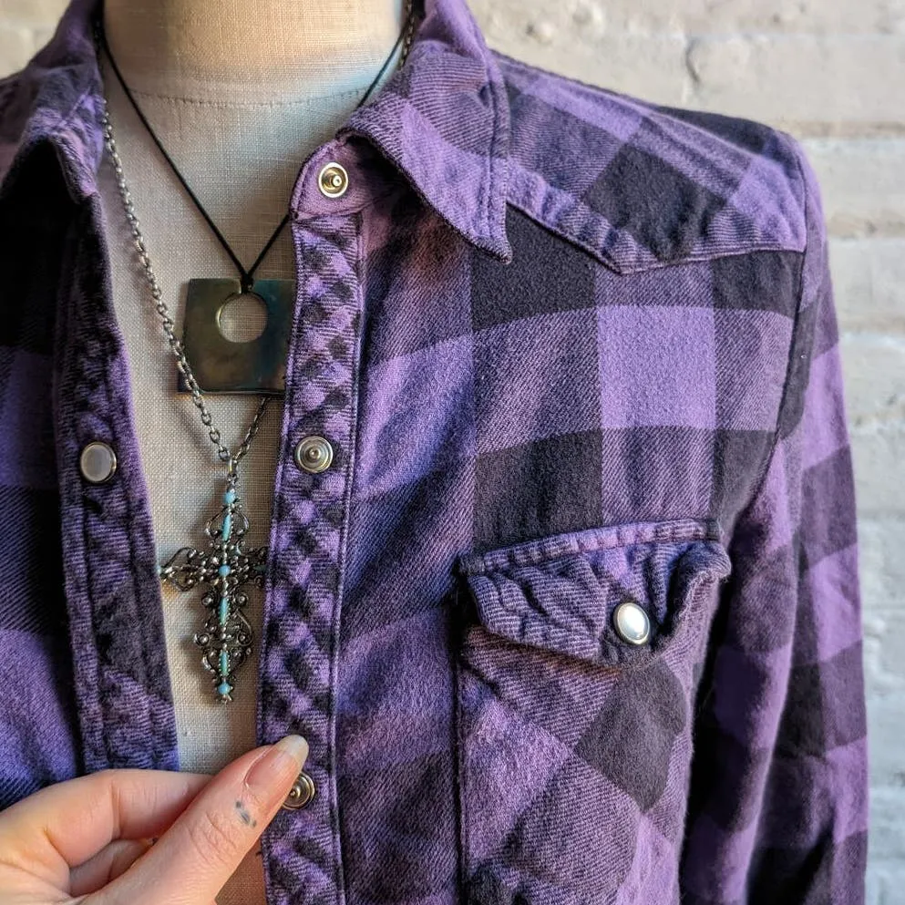 Y2K Vintage Purple Plaid Flannel Grunge Fairy Skater Utility Dark Academia Top