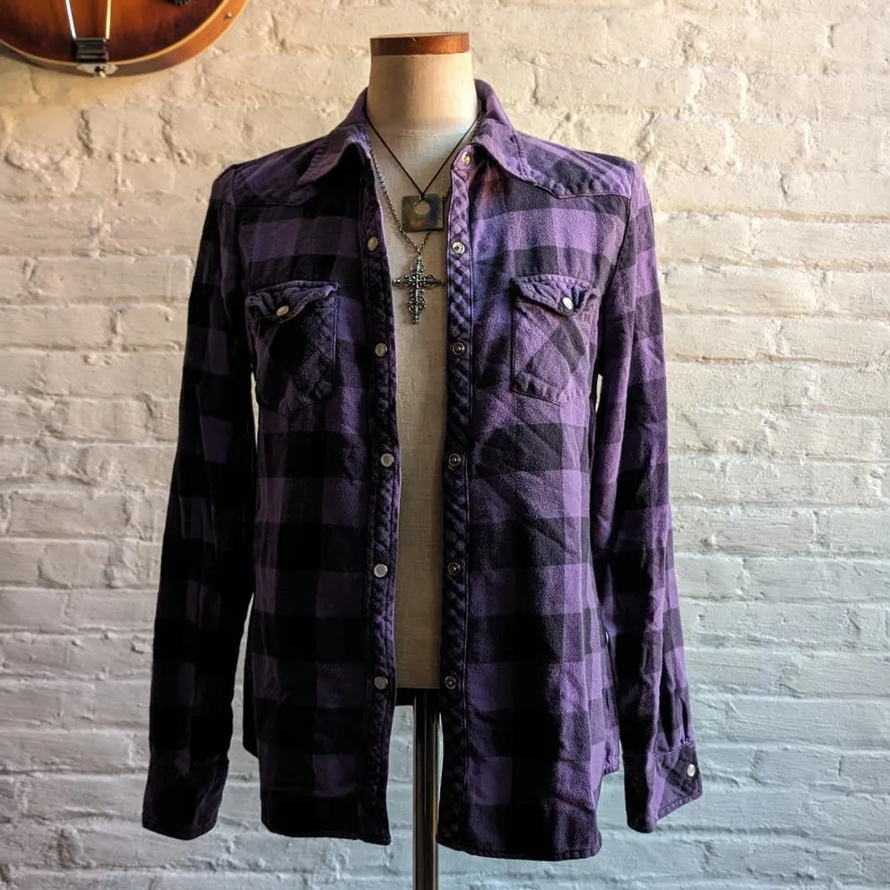 Y2K Vintage Purple Plaid Flannel Grunge Fairy Skater Utility Dark Academia Top