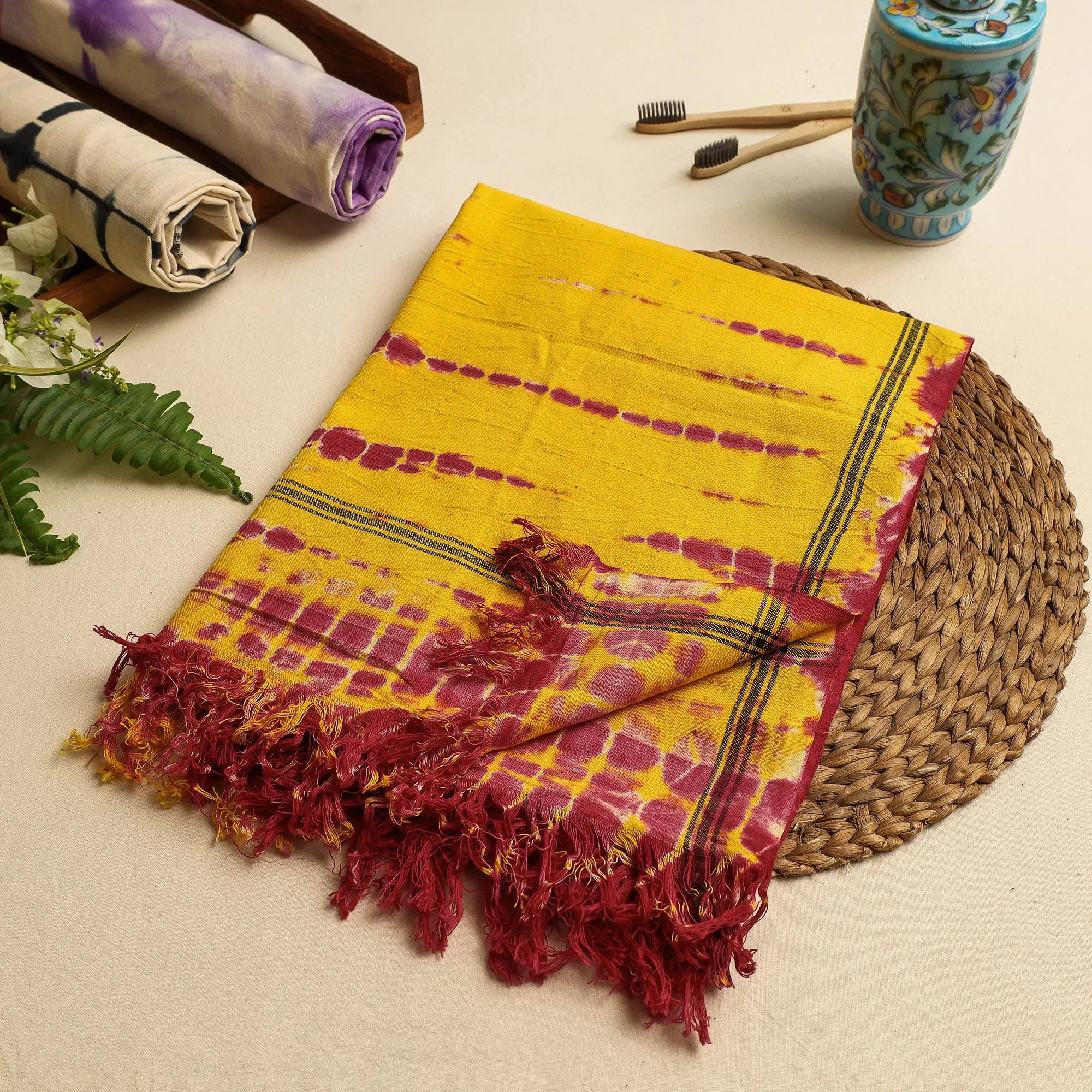 Yellow - Shibori Tie & Dye Pure Handloom Cotton Bath Towel